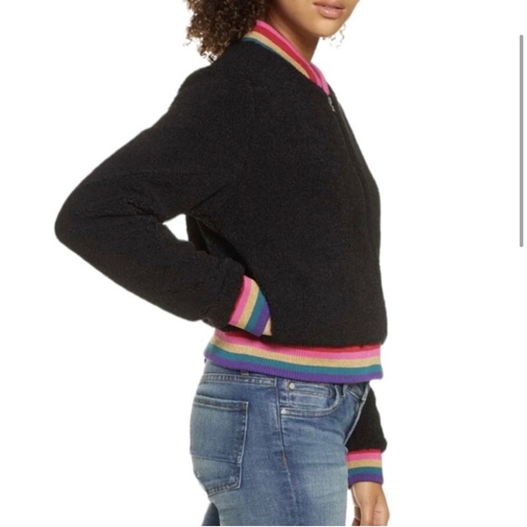 Spiritual Gangster Cropped Furry Bomber Zip Jacket Rainbow Trim Black Size Large - Picture 4 of 12